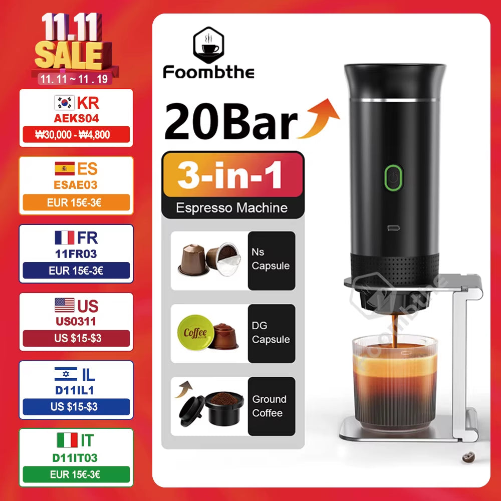 Wireless Electric Portable Espresso Coffee Machine for Car & Home Camping Coffee Maker 3-In-1 Capsule Powder Travel Coffee Maker
