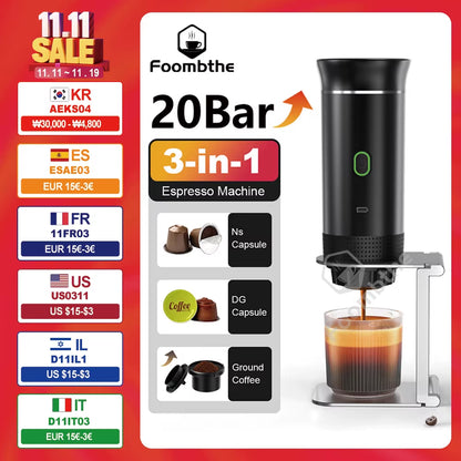 Wireless Electric Portable Espresso Coffee Machine for Car & Home Camping Coffee Maker 3-In-1 Capsule Powder Travel Coffee Maker